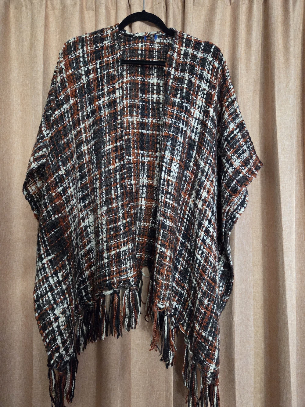 Sonoma Plaid Fringe Open-Front Cape in Rust, Brown, Cream,Black & Teal